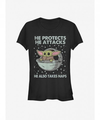 The Mandalorian Child Naps Girls Junior T-Shirt - Soft Black Cotton