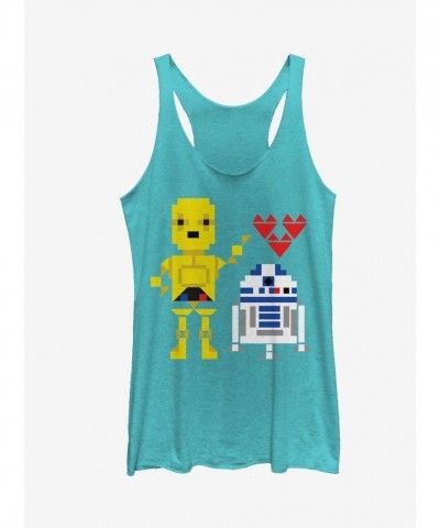 Star Wars Valentine's Day C-3PO and R2-D2 Girls Turquoise Tank Top
