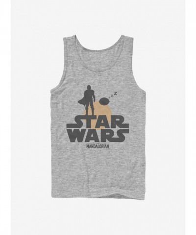 Mandalorian Sunset Grogu & Djarin Grey Cotton Tank Top for Men