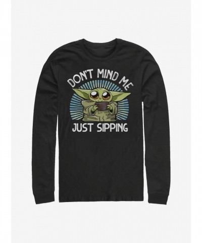 Mandalorian Child Sipping Graphic Tee - Men's Black Cotton Long Sleeve