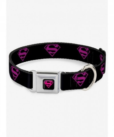 Superman Shield DC Comics Justice League Seatbelt Dog Collar - Black & Hot Pink