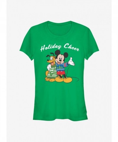 Disney Girls Holiday Cheer T-Shirt with Mickey Mouse & Pluto - Green